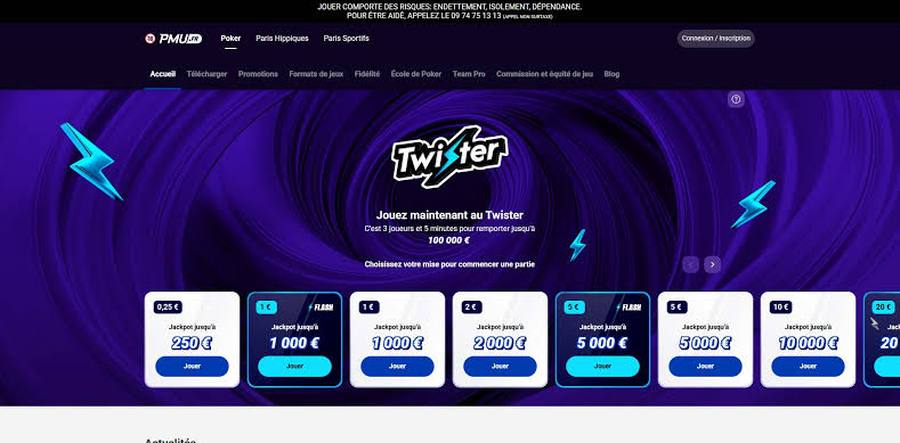 Interface de PMU Poker avec la section Twister et ses jackpots progressifs